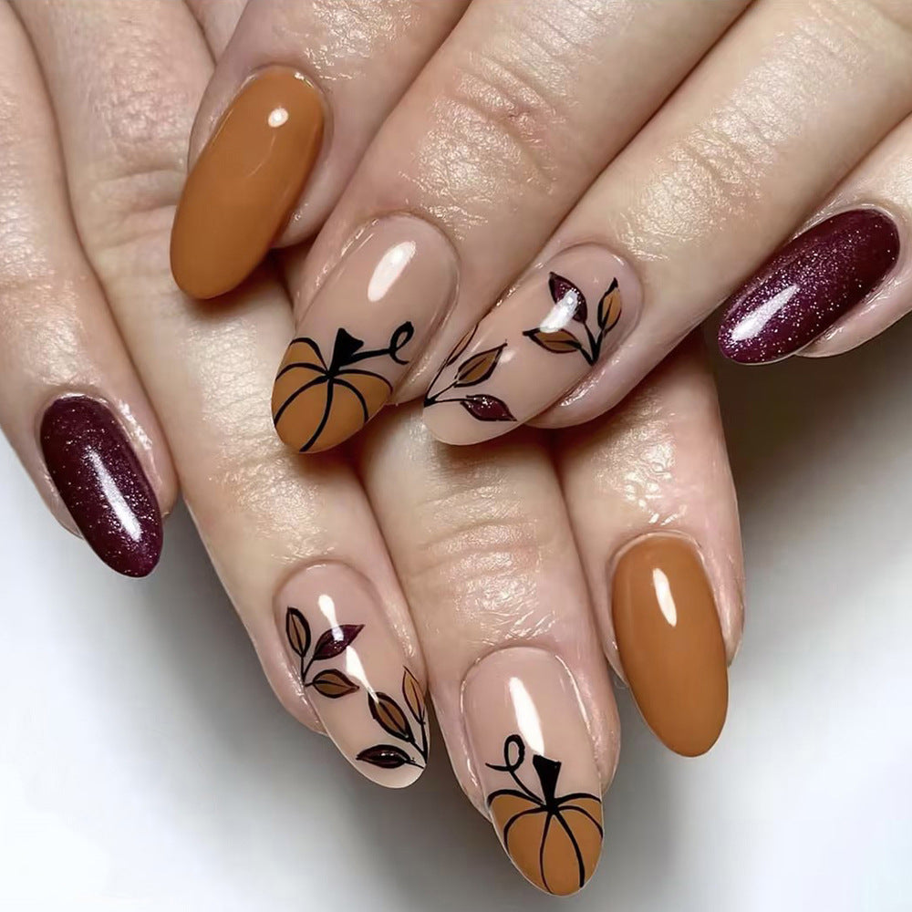 24pcs/Set Maple Leaf & Pumpkin Press-On Nails