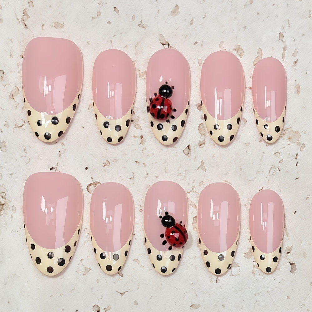 (Handmade) 10pcs/Set Yellow French Polka Dot Ladybug Press-On Nails