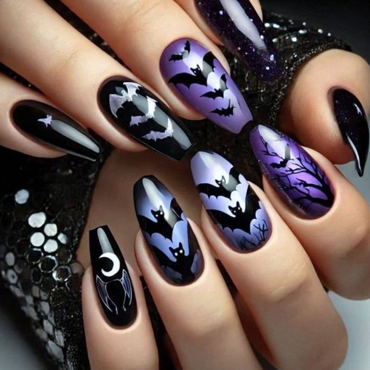 24pcs/Set Black & Purple Ombre Bat Crescent Moon Press On Nails