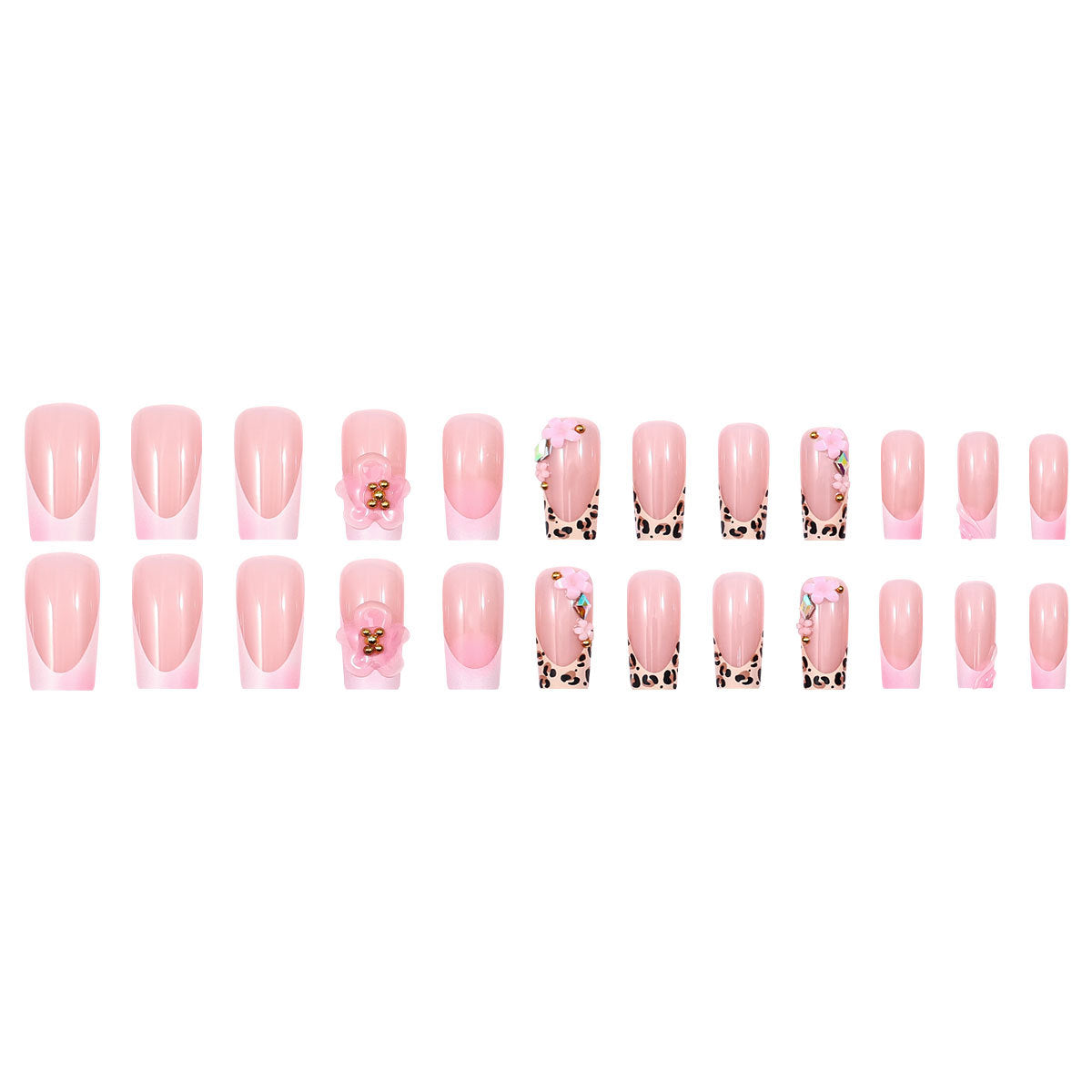 24pcs/Set Leopard French with 3D Floral Press-On Nails