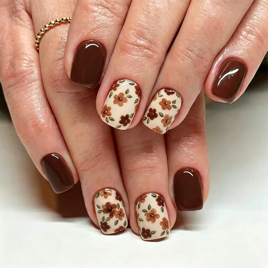 24pcs/Set Deep Brown Dainty Floral Press On Nails