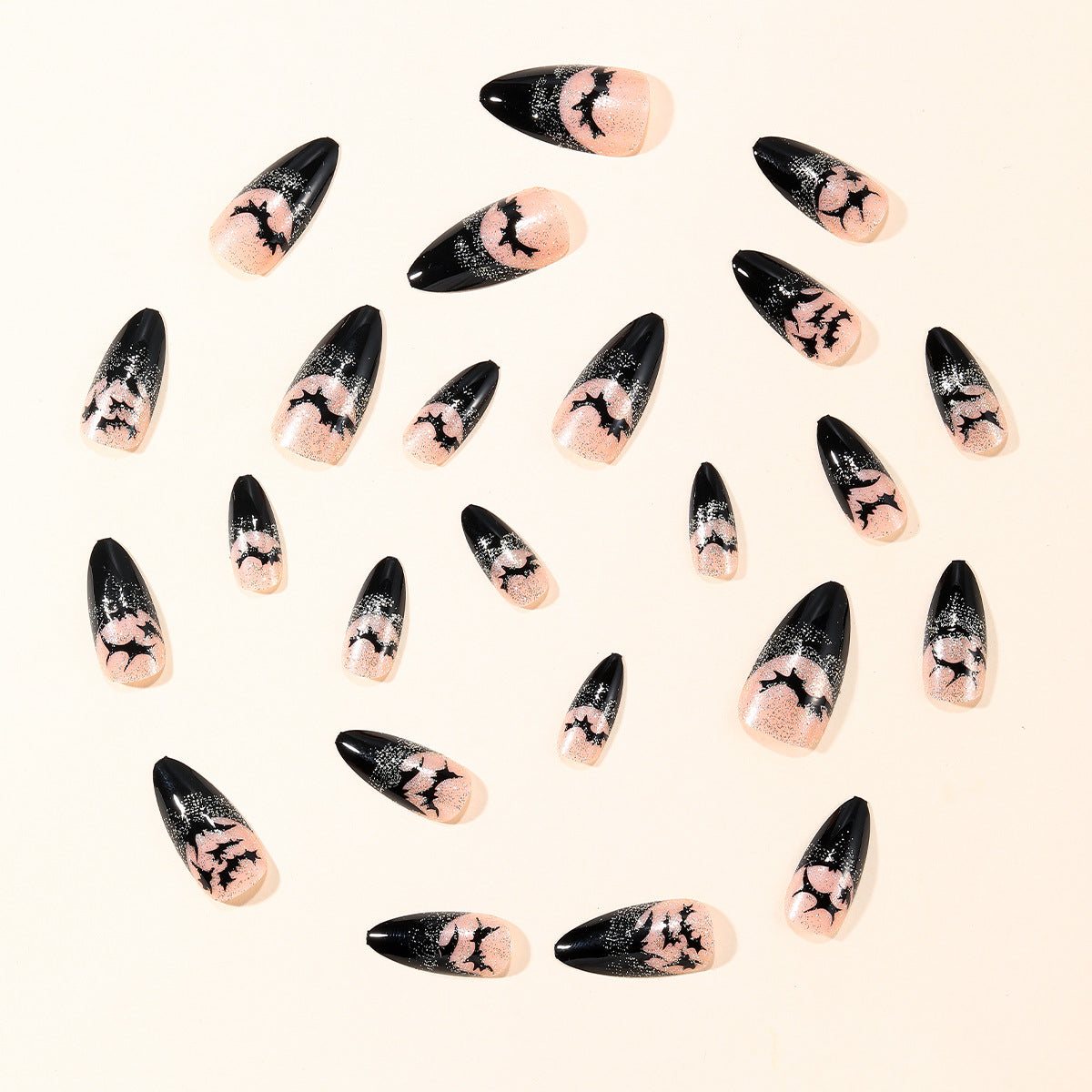 24pcs/Set Black Glitter French Bats Press-On Nails