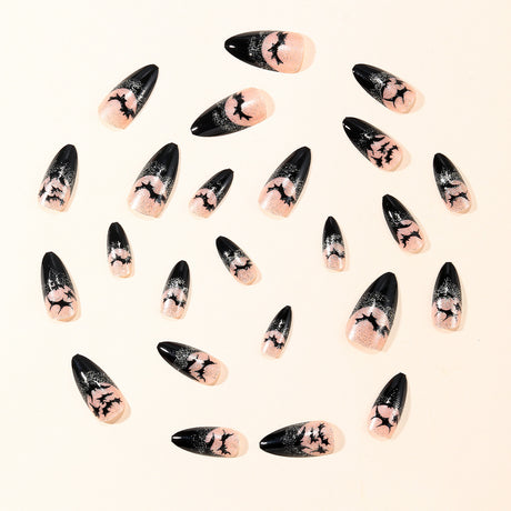 24pcs/Set Black Glitter French Bats Press-On Nails