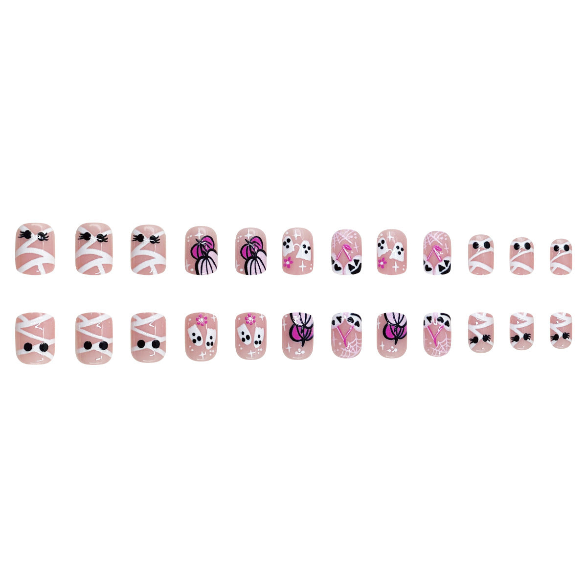 24pcs/Set Pink & White Ghost Pumpkin Press On Nails