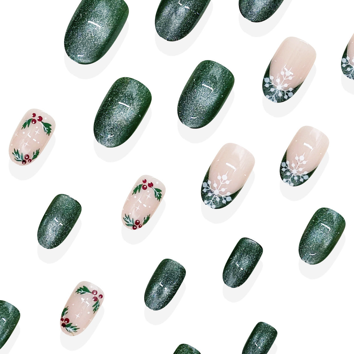 24pcs/Set Green Cat Eye French Snowflake Press On Nails