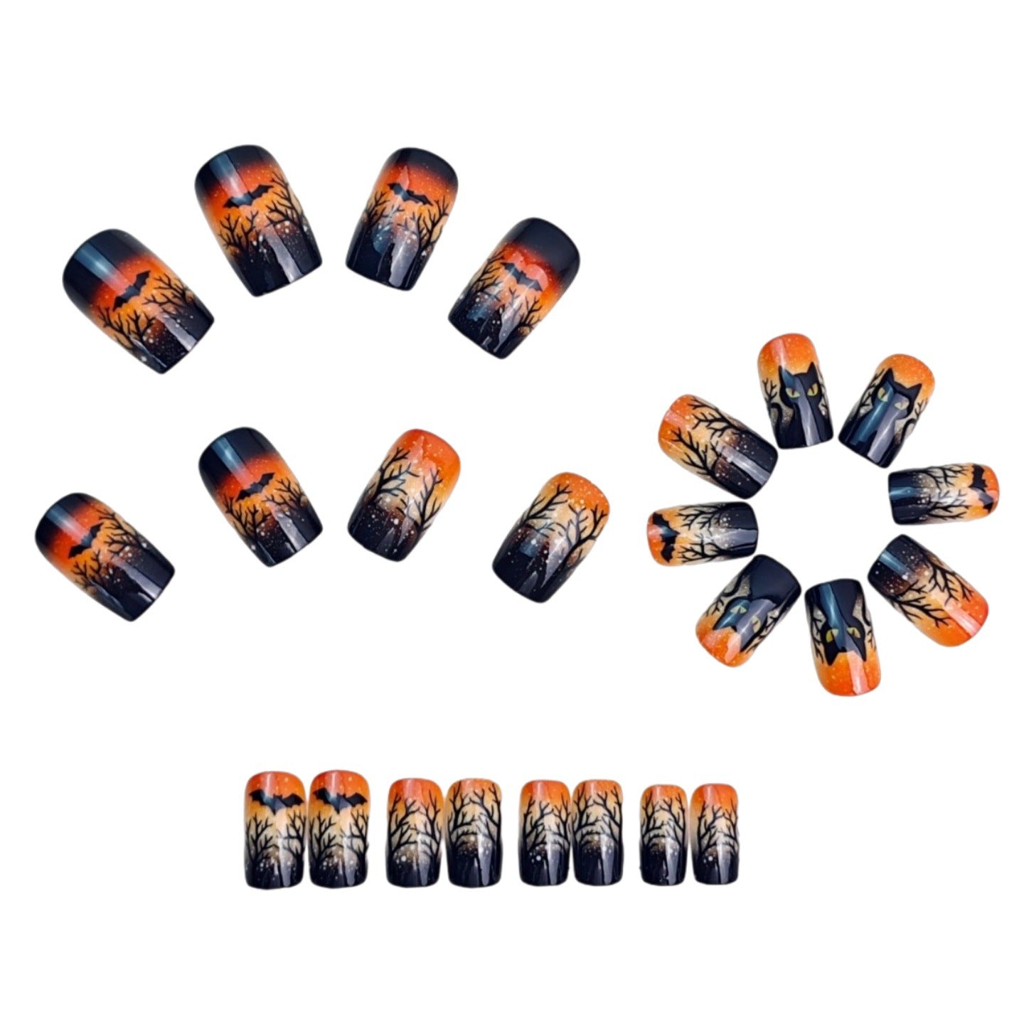 24pcs/Set Orange & Black Ombre Black Cat Press-On Nails