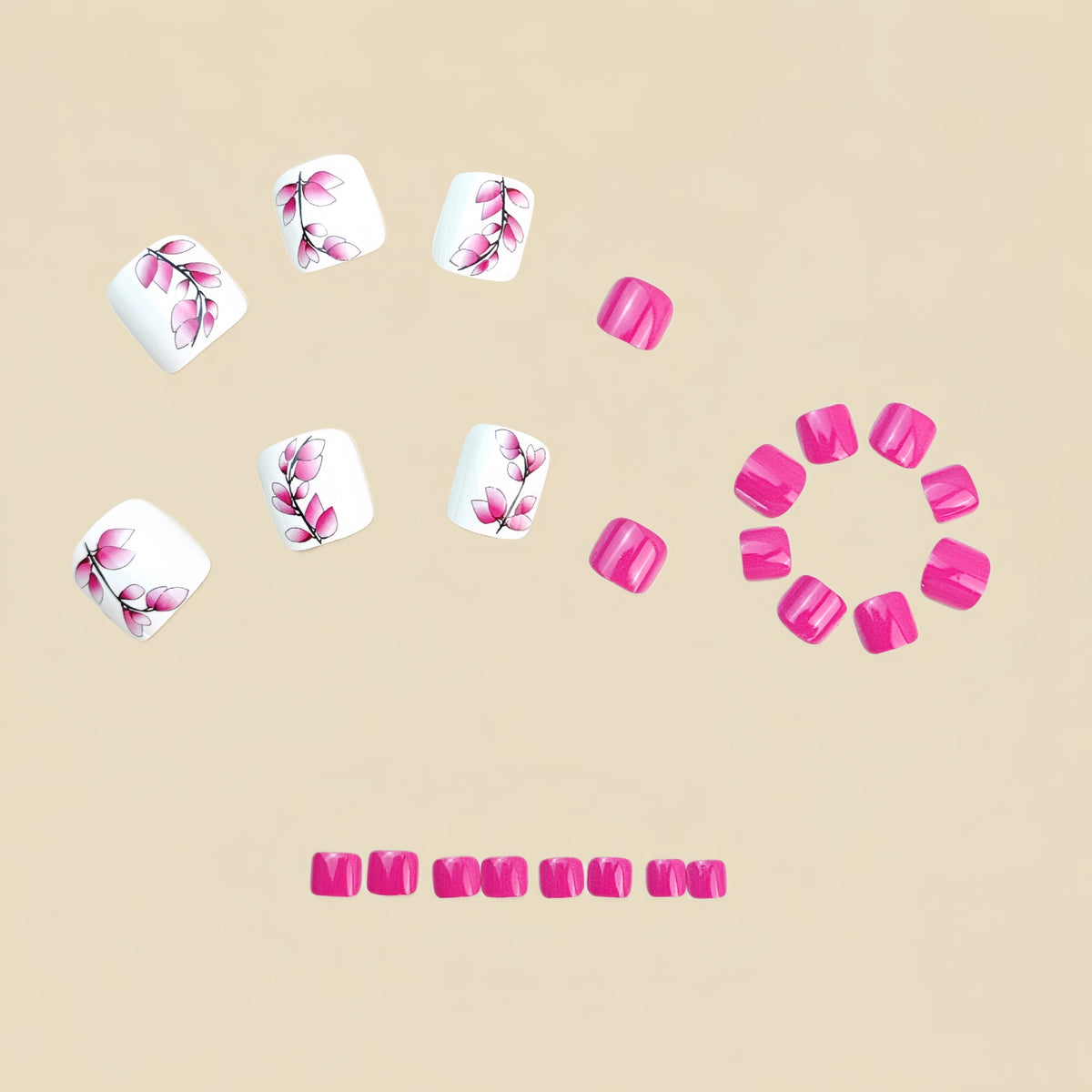 24pcs/Set Hot Pink Leaves Press On Toe Nails