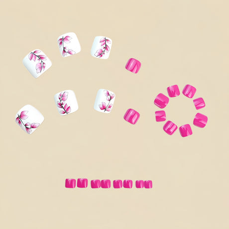 24pcs/Set Hot Pink Leaves Press On Toe Nails