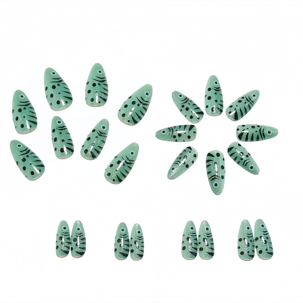 24pcs/Set Silver Green Cat Eye Fish Press On Nails
