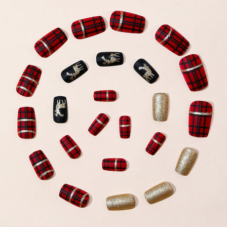 24pcs/Set Black and Red Plaid with Gold Reindeer Press-On Nails