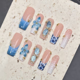 (Handmade) 10pcs/Set Blue French Tip 3D Flower Press-On Nails