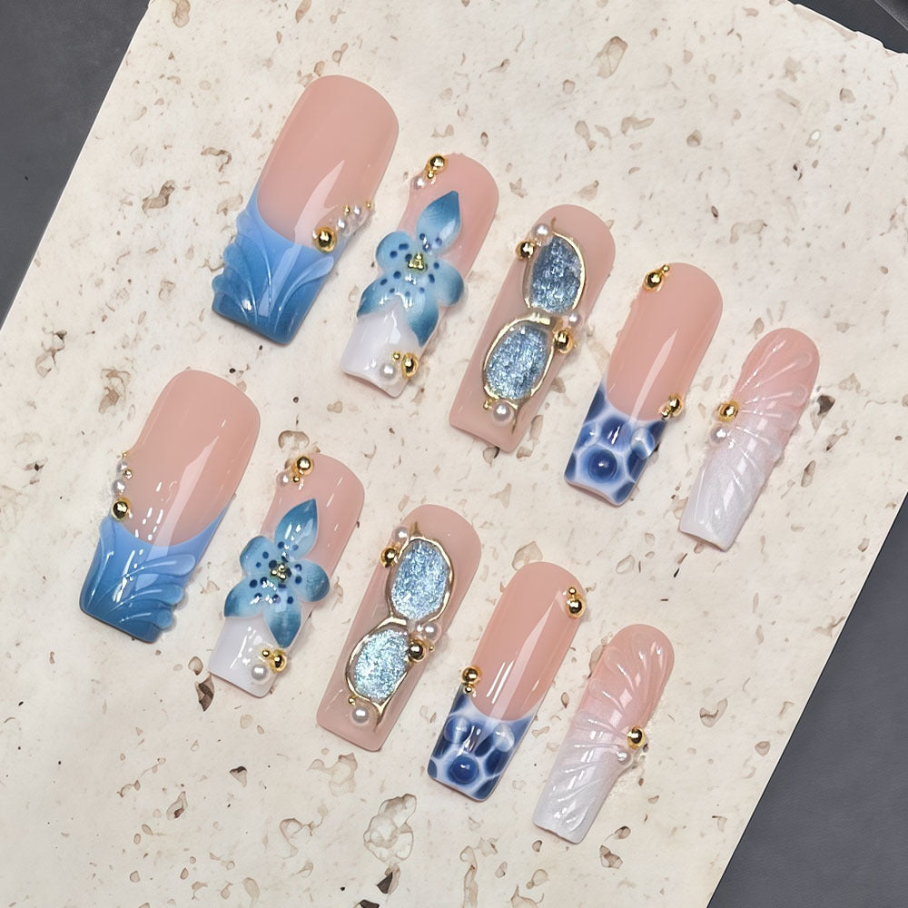 (Handmade) 10pcs/Set Blue French Tip 3D Flower Press-On Nails