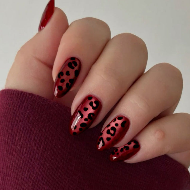 24pcs/Set Burgundy Cat Eye Leopard Print Press-On Nails