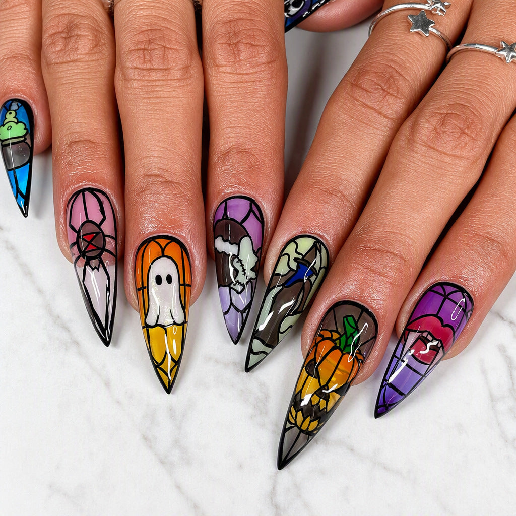 24pcs/Set Pumpkin Flower Spiderweb Stiletto Press-On Nails