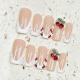 (Handmade) 10pcs/Set White French Tip 3D Cherry Rhinestone Press-On Nails