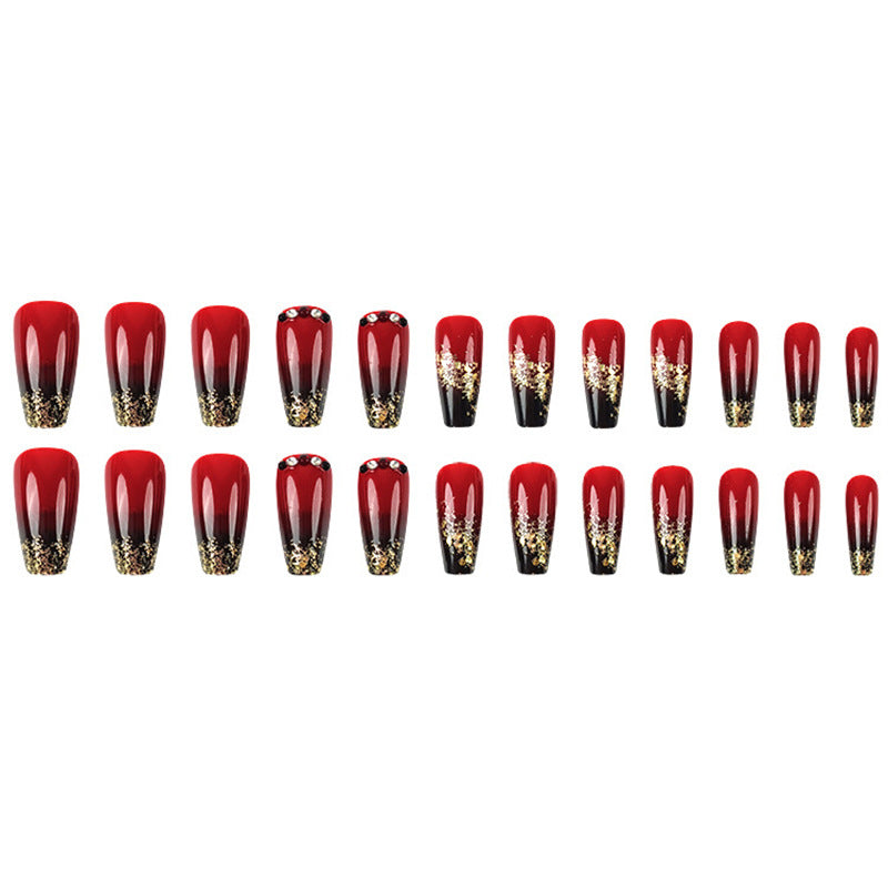 24pcs/Set Black to Red Ombre with Gold Glitter Press-On Nails