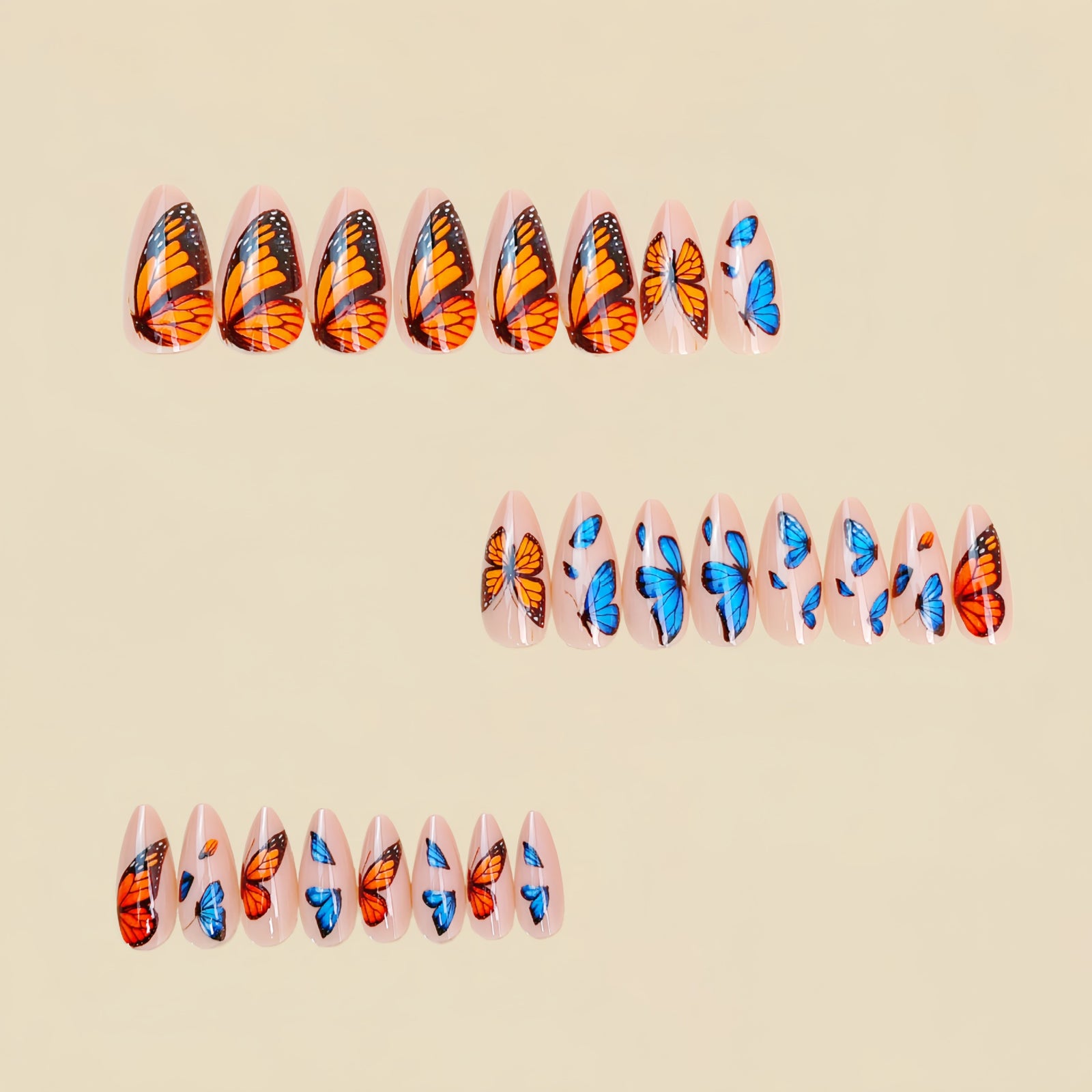 24pcs/Set Gradient Blue to Orange Butterfly Press-On Nails
