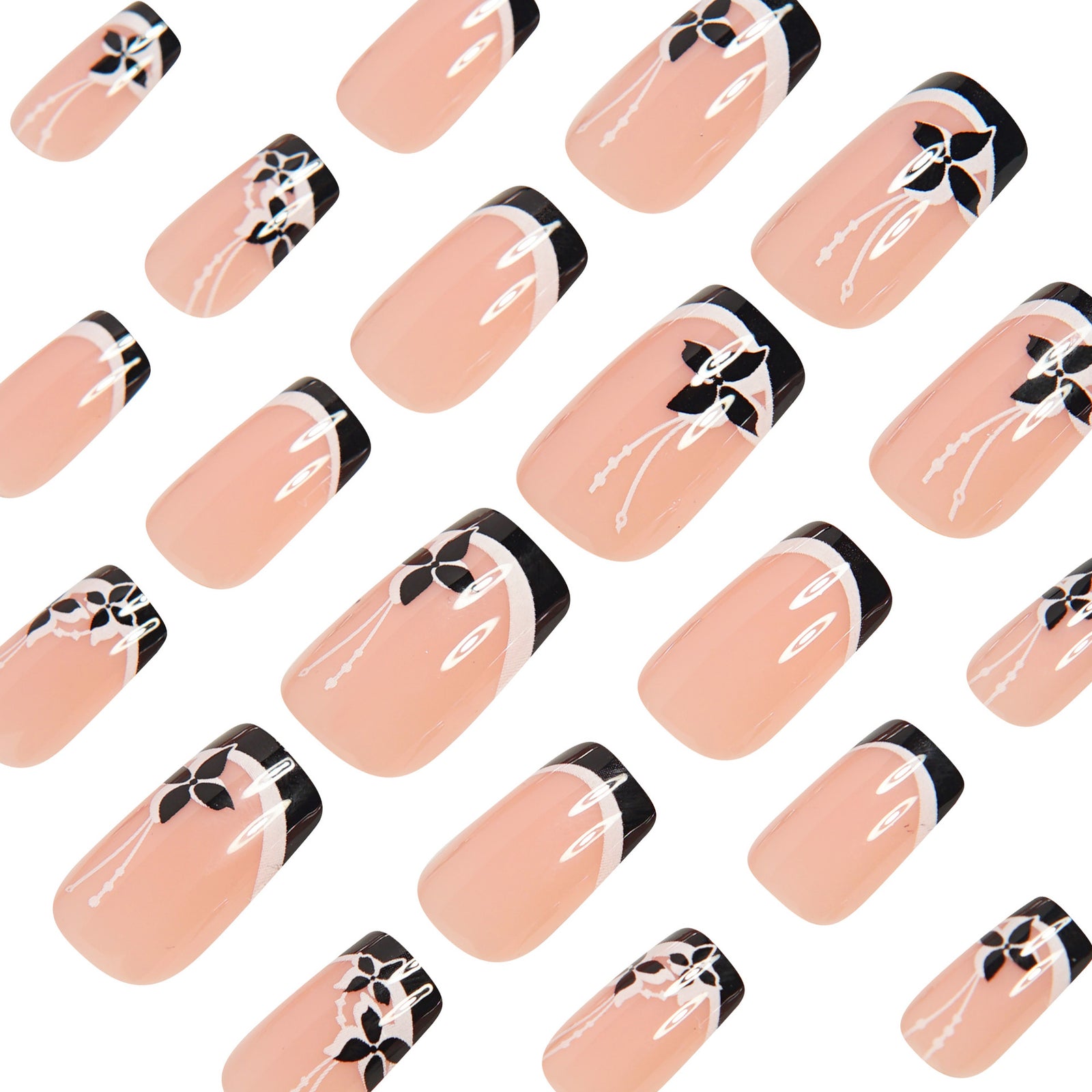24pcs/Set Black & White French Tips with Black Floral Press-On Nails