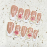 (Handmade) 10pcs/Set Nude Pink French Tip 3D Floral Press-On Nails