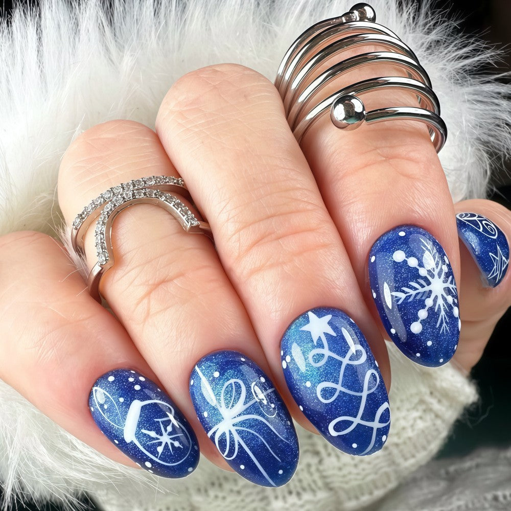 24pcs/Set Royal Blue Cat Eye Snowflakes Press On Nails