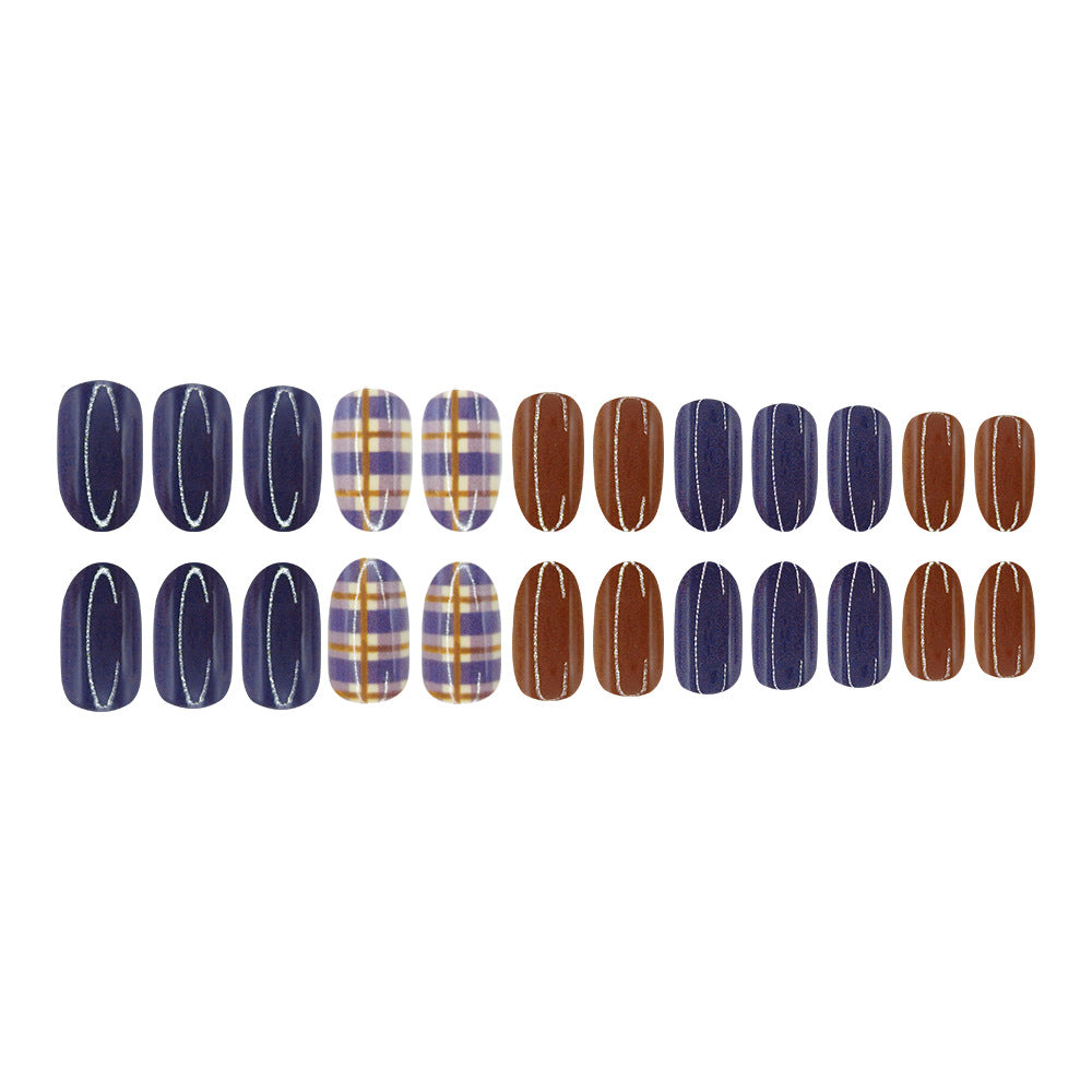 24pcs/Set Blue & Brown Color-Block Plaid Press On Nails