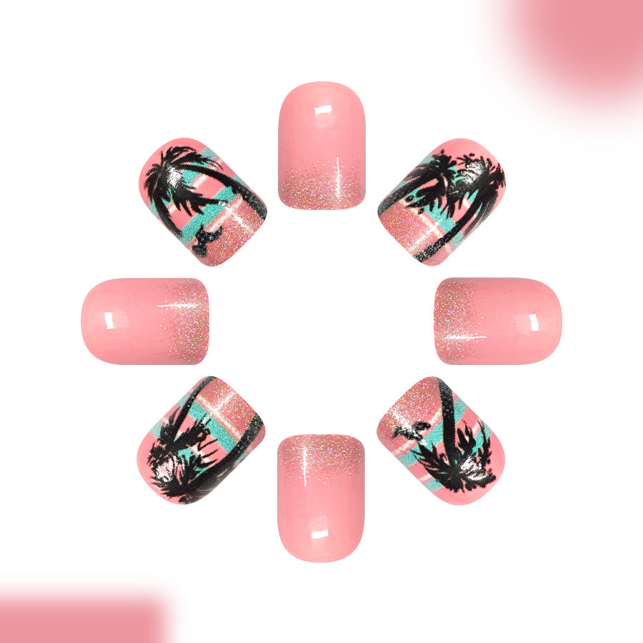 24pcs/Set Glitter Beach Stripes & Palm Trees Press-On Nails