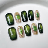 (Handmade) 10pcs/Set Jade Cat Eye Press-On Nails