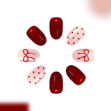 24pcs/Set Burgundy Polka Dot Bow Press-On Nails
