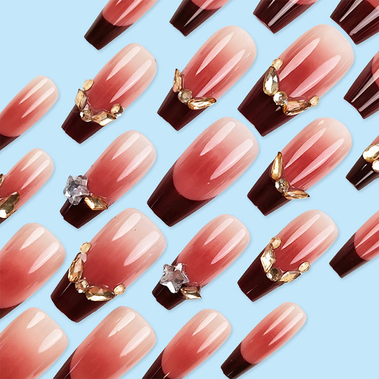 24pcs/Set Burgundy Gradient with Rhinestones Press-On Nails