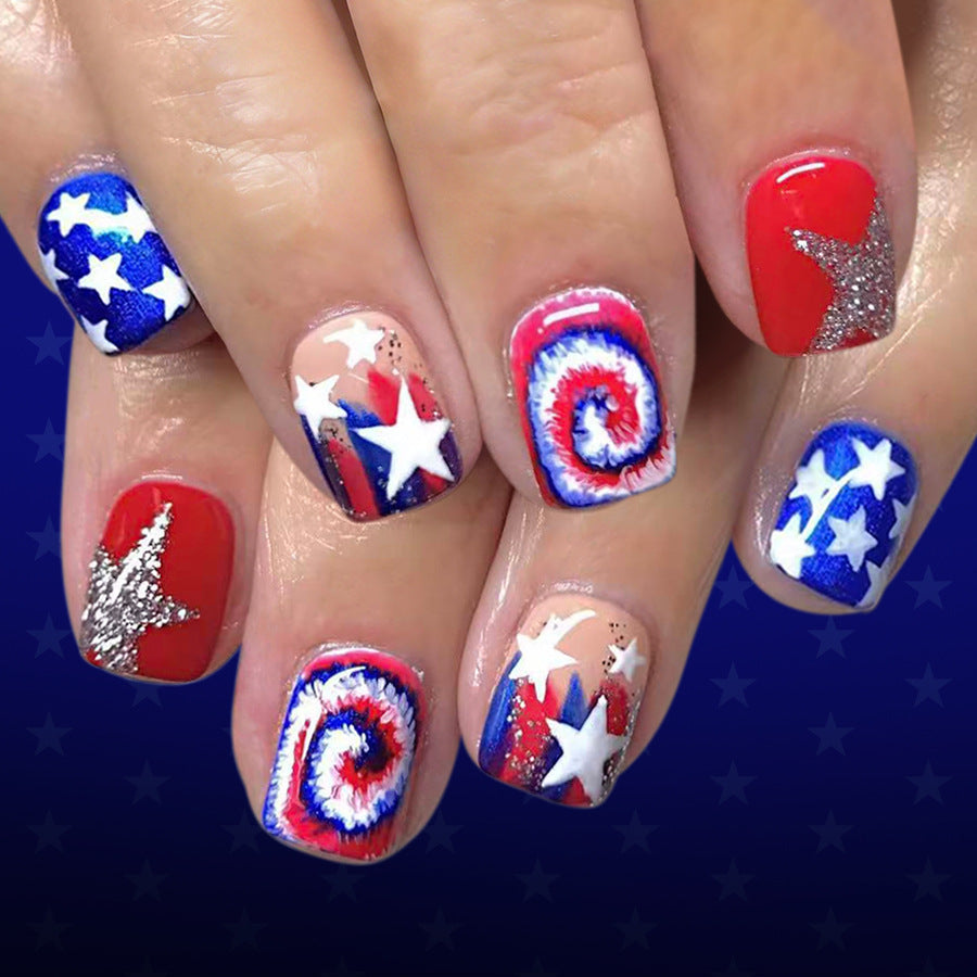 24pcs/Set Red and Blue Glitter Stars Press-On Nails
