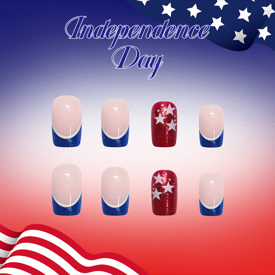 24pcs/Set Blue and White French Tips with Glitter Stars Press-On Nails