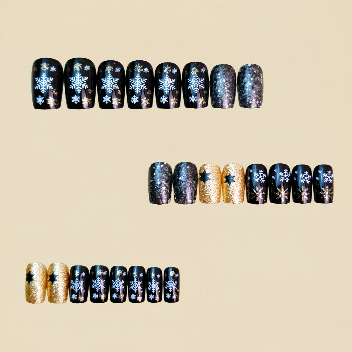 24pcs/Set Black & Gold Glitter Snowflakes Press-On Nails