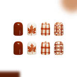24pcs/Set Brown Plaid Lines & Polka Dot Maple Leaves Press On Nails