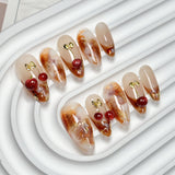 (Handmade) 10pcs/Set Amber Marble Nails with 3D Cherries Press-On Nails