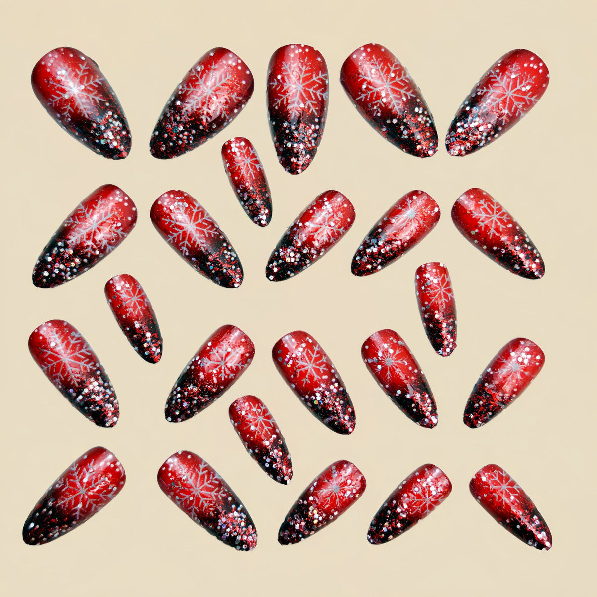 24pcs/Set Red Glitter Snowflake Press-On Nails