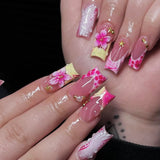 24pcs/Set Pink French Tip 3D Flower Press-On Nails