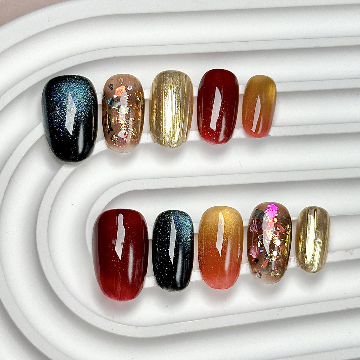 (Handmade) 10pcs/Set Autumn Multicolor Cat Eye Glitter Press-On Nails