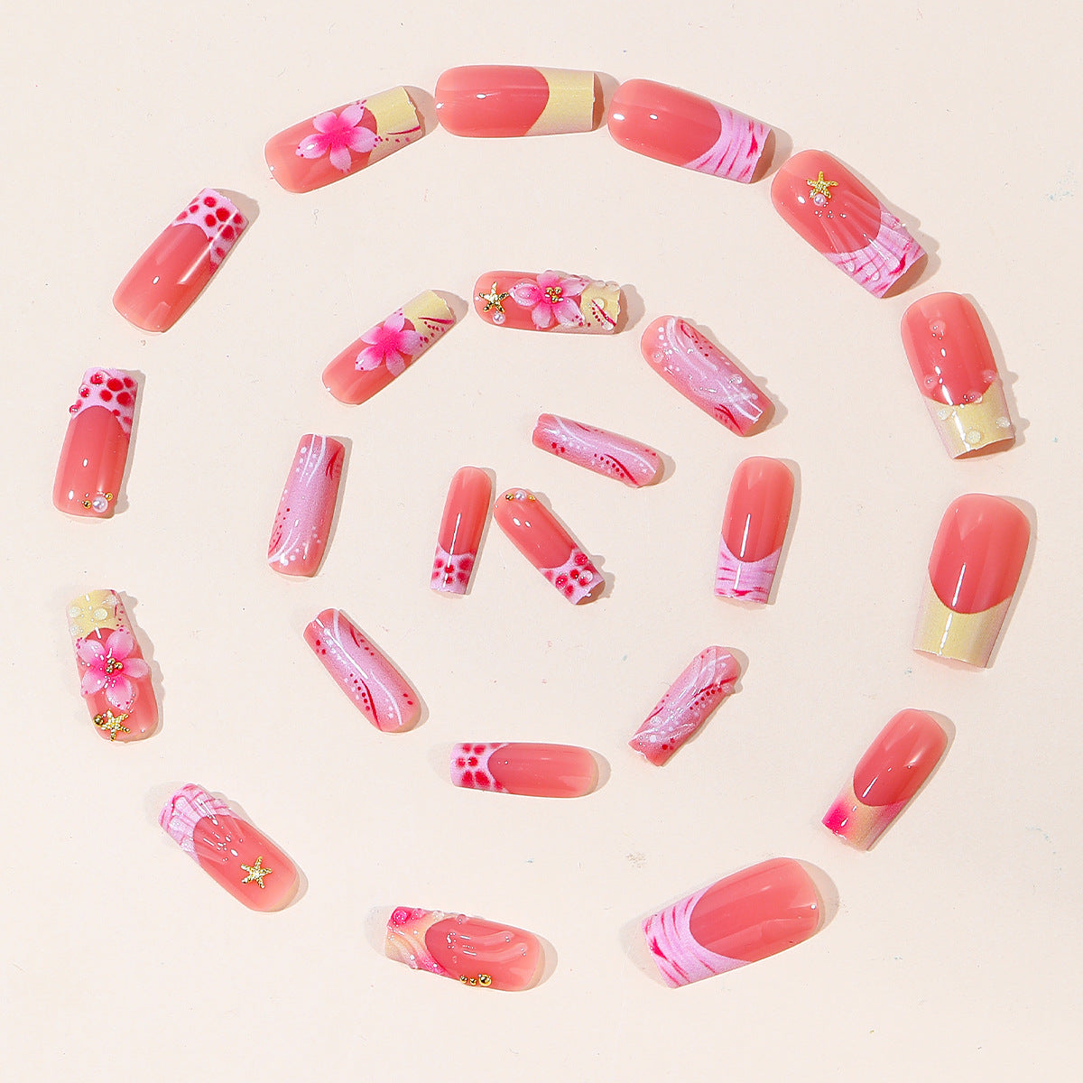 24pcs/Set Pink French Tip 3D Flower Press-On Nails