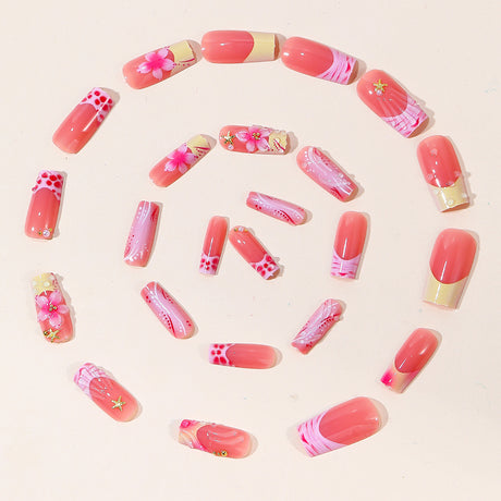 24pcs/Set Pink French Tip 3D Flower Press-On Nails