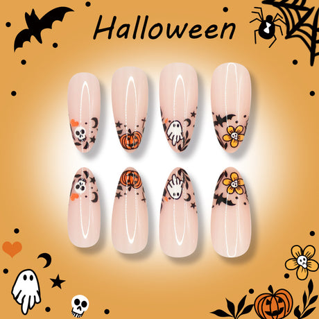 24pcs/Set Ghost Skull & Pumpkin French Press On Nails