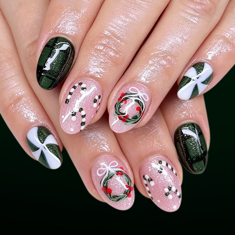 24pcs/Set Christmas Wreath & Candy Press On Nails