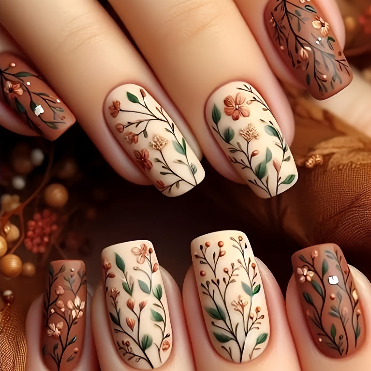 24pcs/Set Mocha Brown Floral Press On Nails