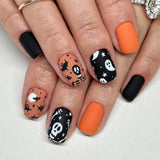 24pcs/Set Matte Orange & Black Ghost Star Press On Nails