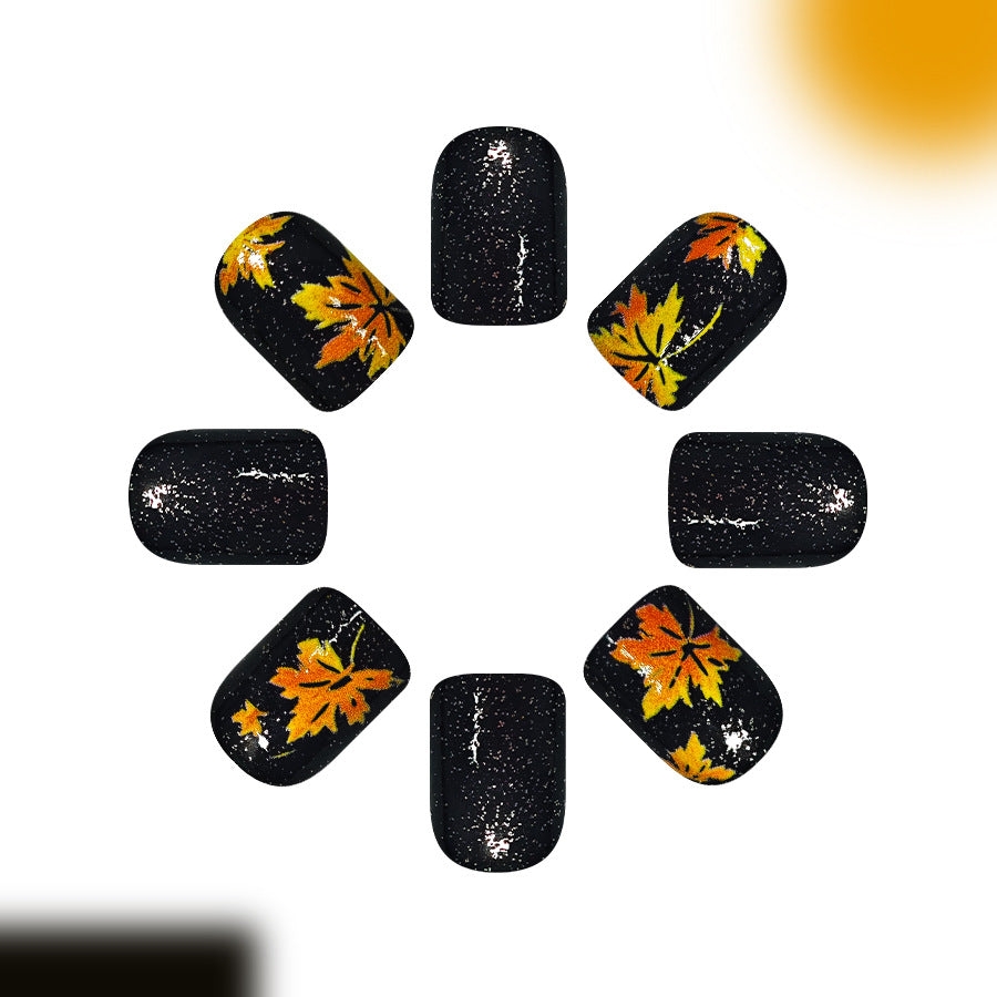 24pcs/Set Black Glitter Maple Leaves Press On Nails