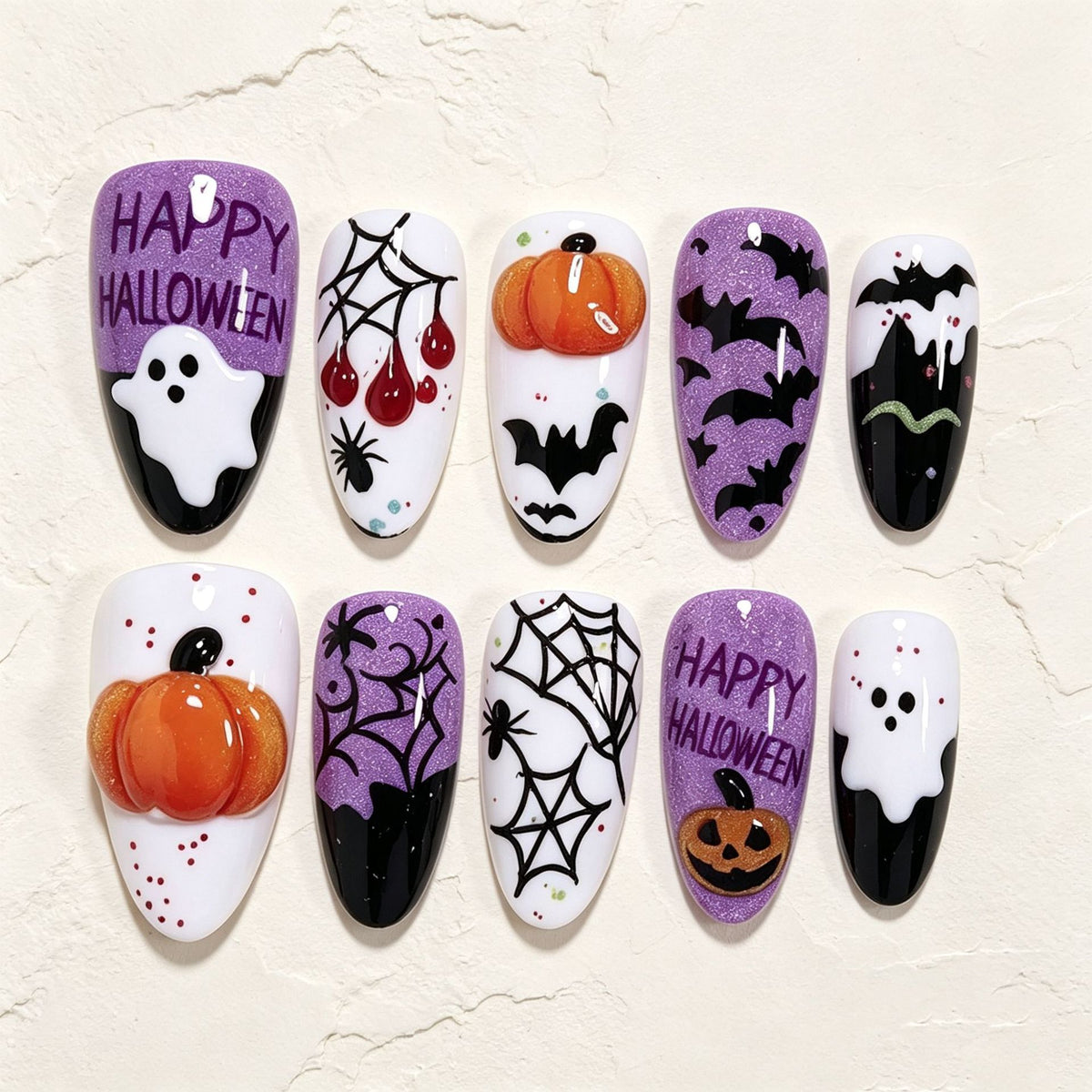 30pcs/Set Pumpkin Ghost Spiderweb & Bats Press-On Nails