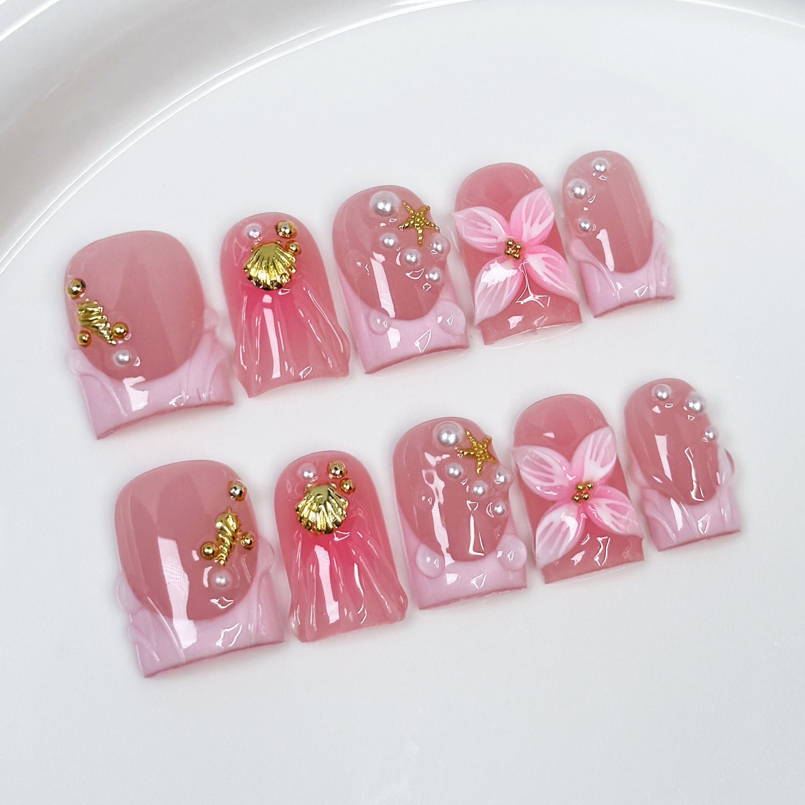 (Handmade) 10pcs/Set 3D Floral French Tip Mermaid Tail Press On Nails