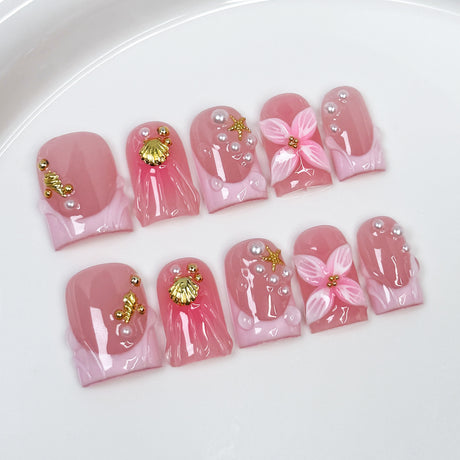 (Handmade) 10pcs/Set 3D Floral French Tip Mermaid Tail Press On Nails