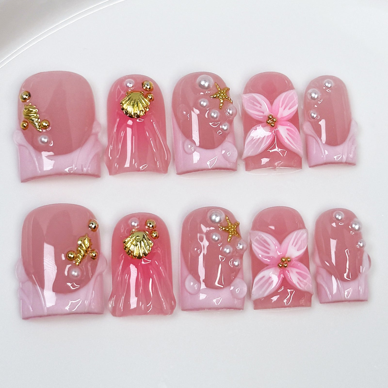 (Handmade) 10pcs/Set 3D Floral French Tip Mermaid Tail Press On Nails