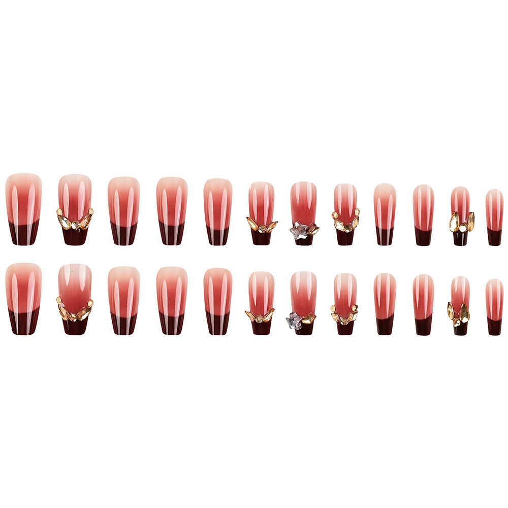 24pcs/Set Burgundy Gradient with Rhinestones Press-On Nails