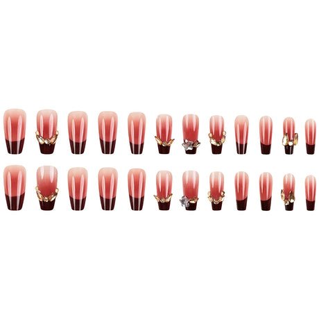 24pcs/Set Burgundy Gradient with Rhinestones Press-On Nails